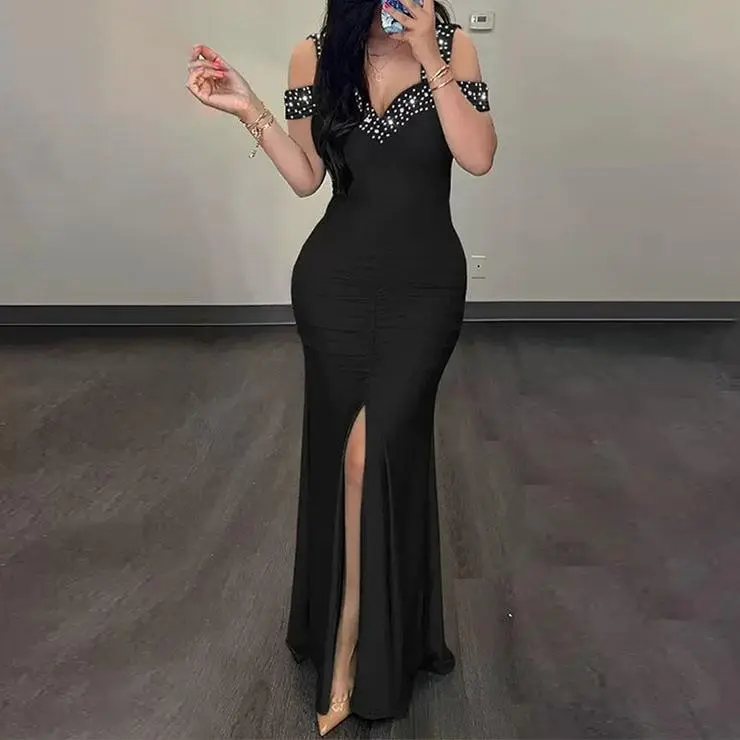 Women's Stretchy Bodycon Dress, Fashion Off-Shoulder Ruched Gown with Bow Accent & Thigh Slit for Formal Evening Wear - Black & Apricot, Lady