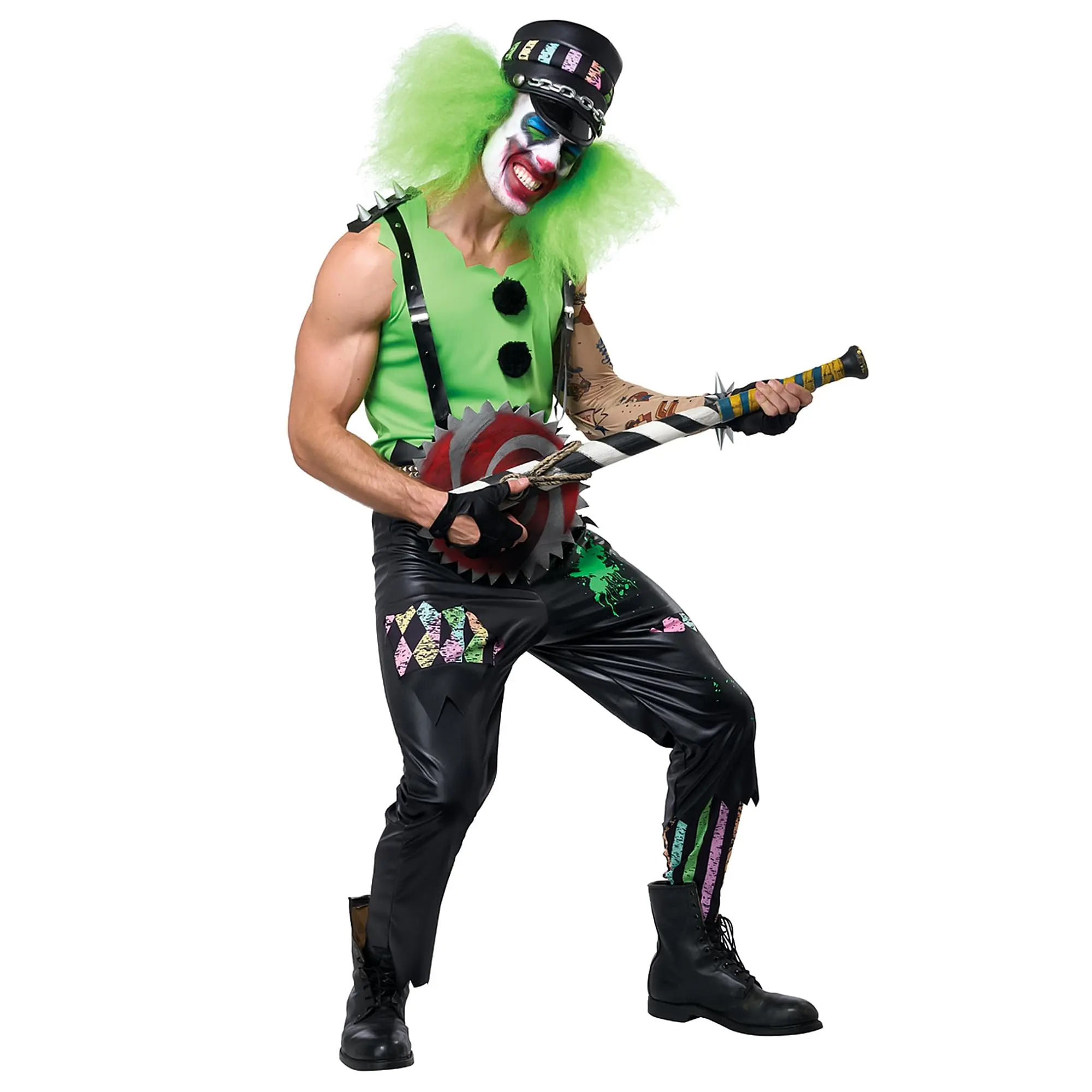 Crazed Clown Costume for Men, Spooky Halloween Menswear Clothes Set with Green Sleeved Top, PVC-Like Trousers & Suspenders, Costume Set, Splashed Colors, Leather-Looking