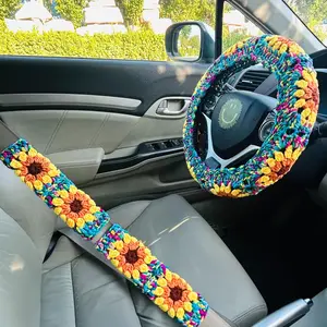 Sunflower Pattern Car Steering Wheel Cover, Crochet Seat Belt Cover, Car Interior Decoration Cover for Steering Wheel, Car Interior Set