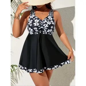 Plus-size tankini swimsuit with a V-neck drawstring design and floral pattern; casual beachwear for summer vacations; suitable for all seasons; tankini set swimsuit