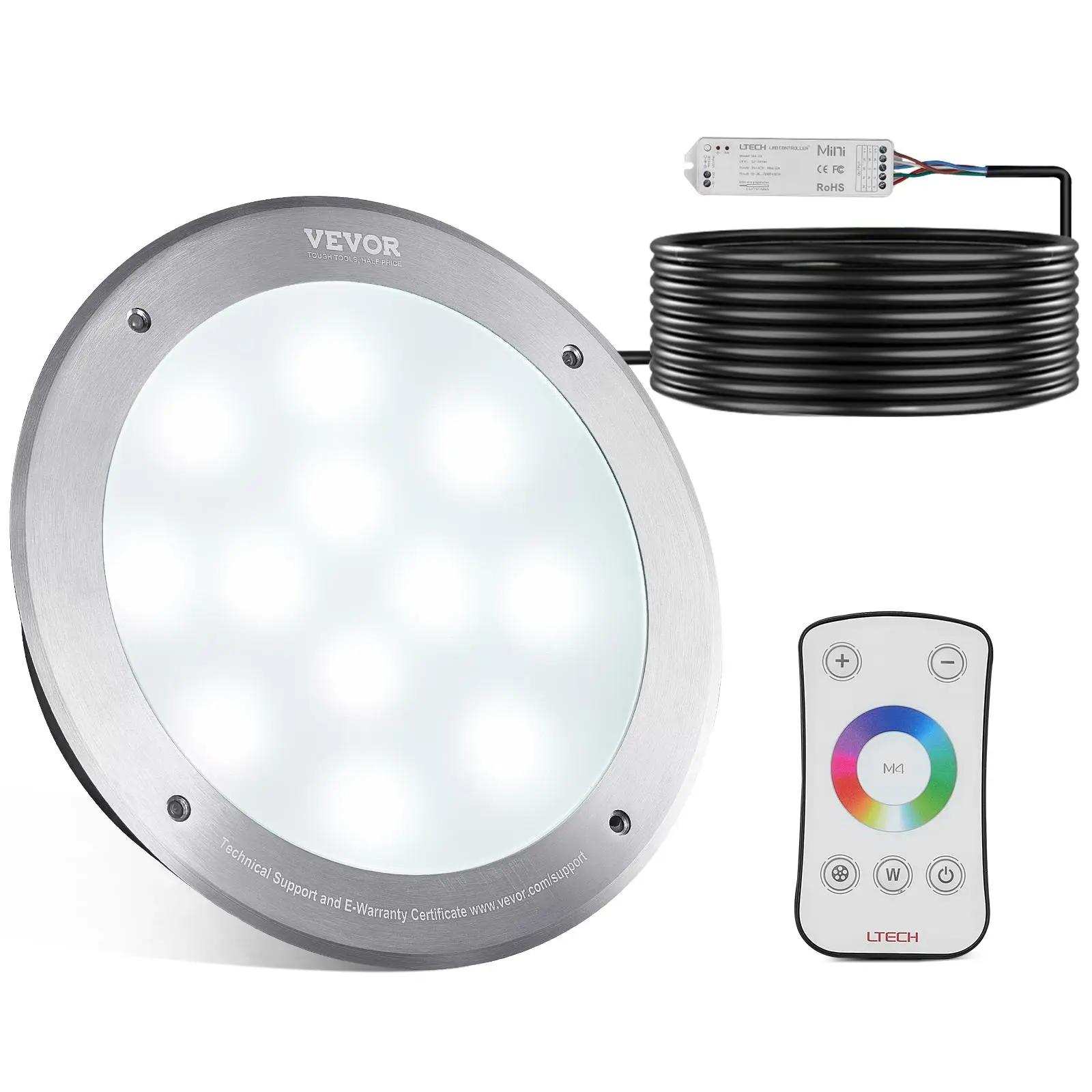 VEVOR 12V 10in 40W RGBW In-Ground Pool Light, IP68 UL Tested Sealed Housing, 50ft Cord, Customizable Remote Control with RGBW Color Shift & Flash/Jump Effects, Fits Large Wet Niches, Waterproof Garden Light for Ponds & Holidays