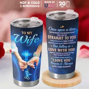 God Blessed The Broken Road Tumbler 20oz, Christian Gift for Wife from Husband, Blue Galaxy Cross Design, Romantic Anniversary Present, Stainless Steel Travel Mug, Religious Love Quote