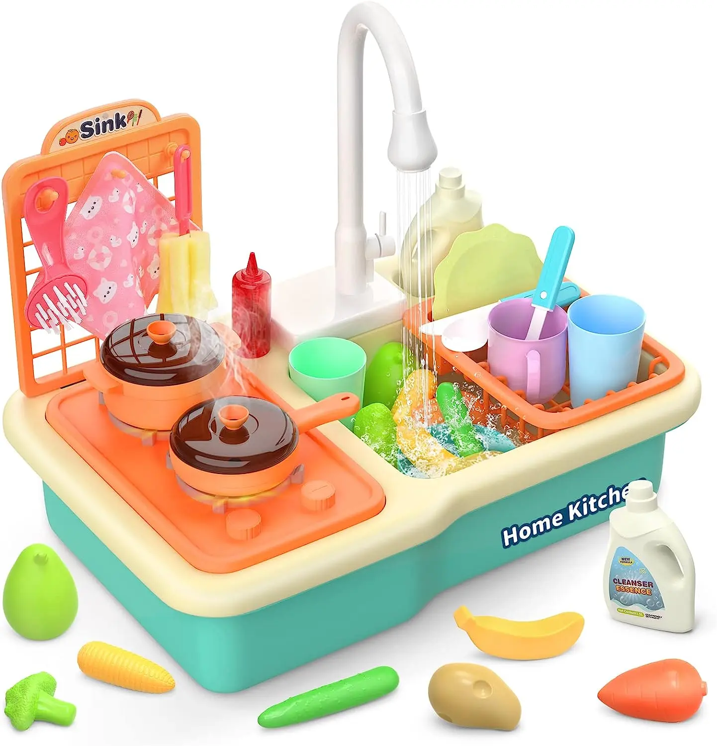 CUTE STONE Play Sink with Running Water, Kitchen Sink with Upgraded Electric Faucet, Play Kitchen , Realistic play set learning cookingset Pretend Play Set