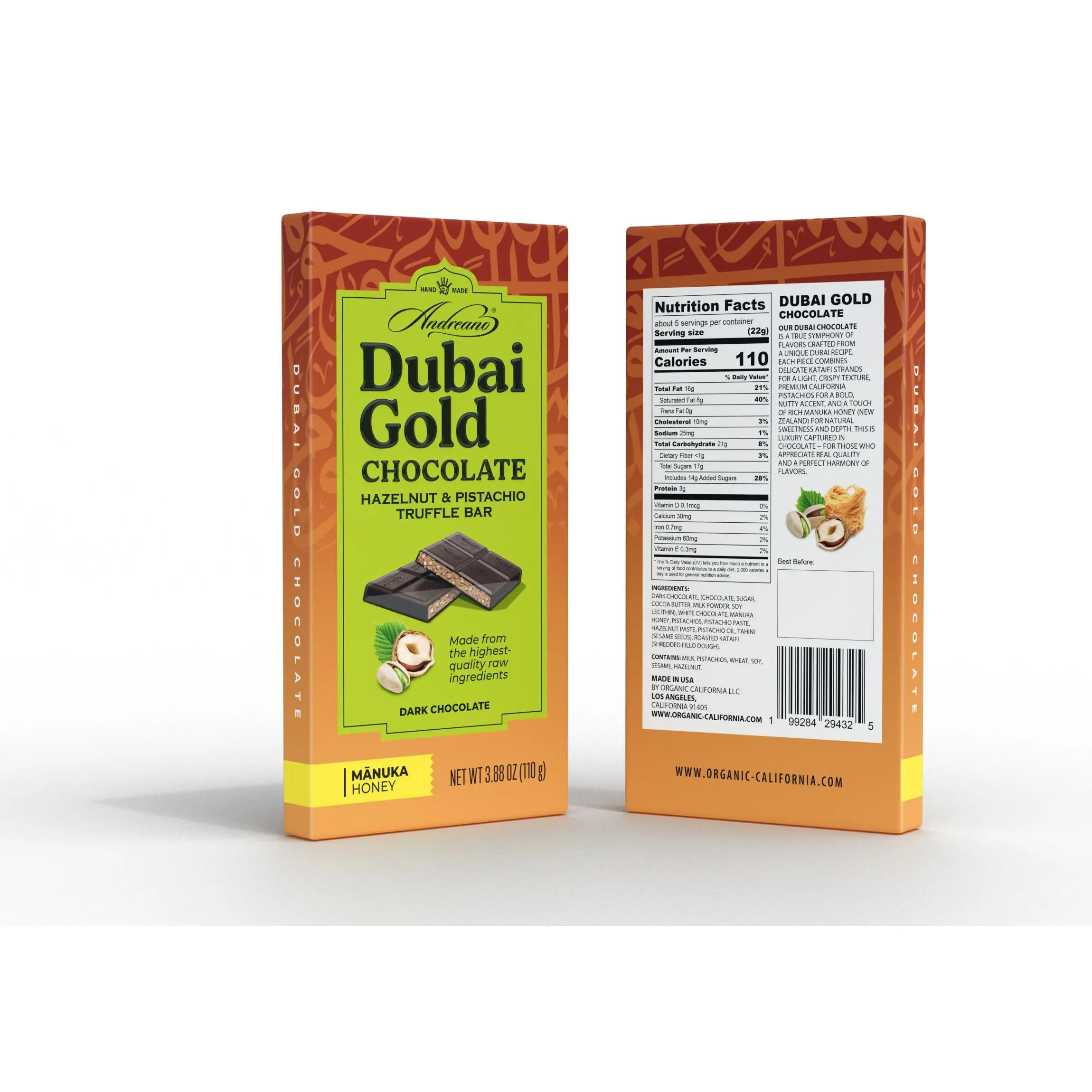 Dubai Gold Dark Chocolate – Hazelnut & Pistachio Truffle Bar 110g