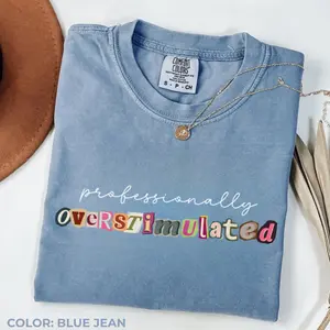 Comfort Colors Professionally Overstimulated Shirt, Funny Teacher Back To School T-Shirt, Retro Ransom Note Lettering Tee, Y2K Aesthetic Sarcastic Educator Unisex Top