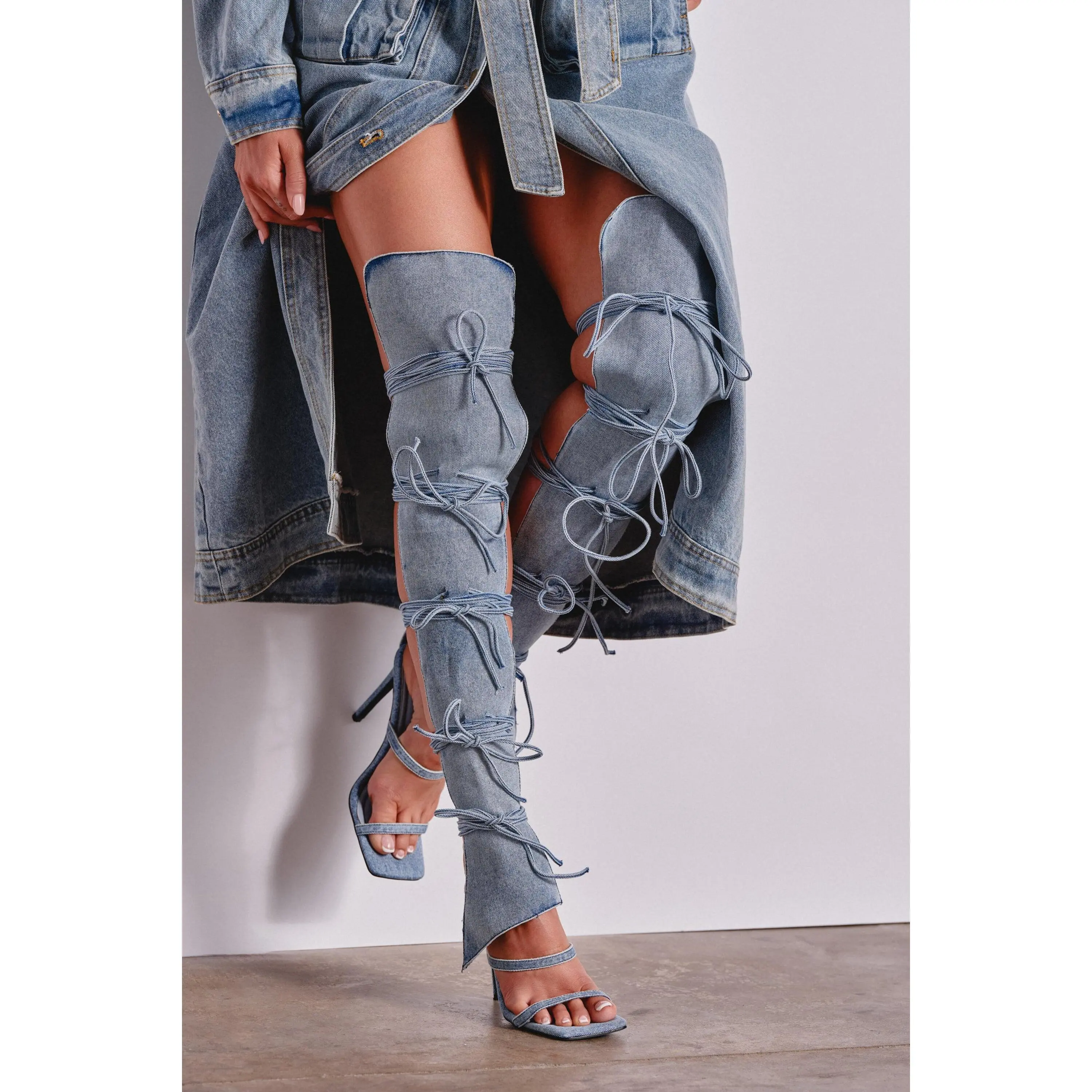 AZALEA WANG KRISTINE DENIM STILETTO GLADIATOR SANDAL