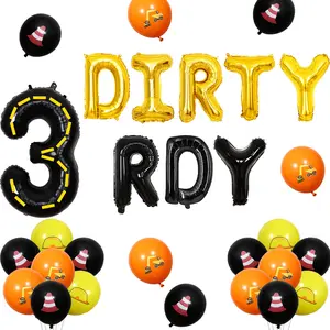 1Set Construction 3anniversary Birthday Party Decorations Dirty 3anniversaryy Dump Truck Balloon Banner Party Decorations Black Gold Excavator Roadblock Barricade Construction Decors for 3anniversary Years Old Boy Print