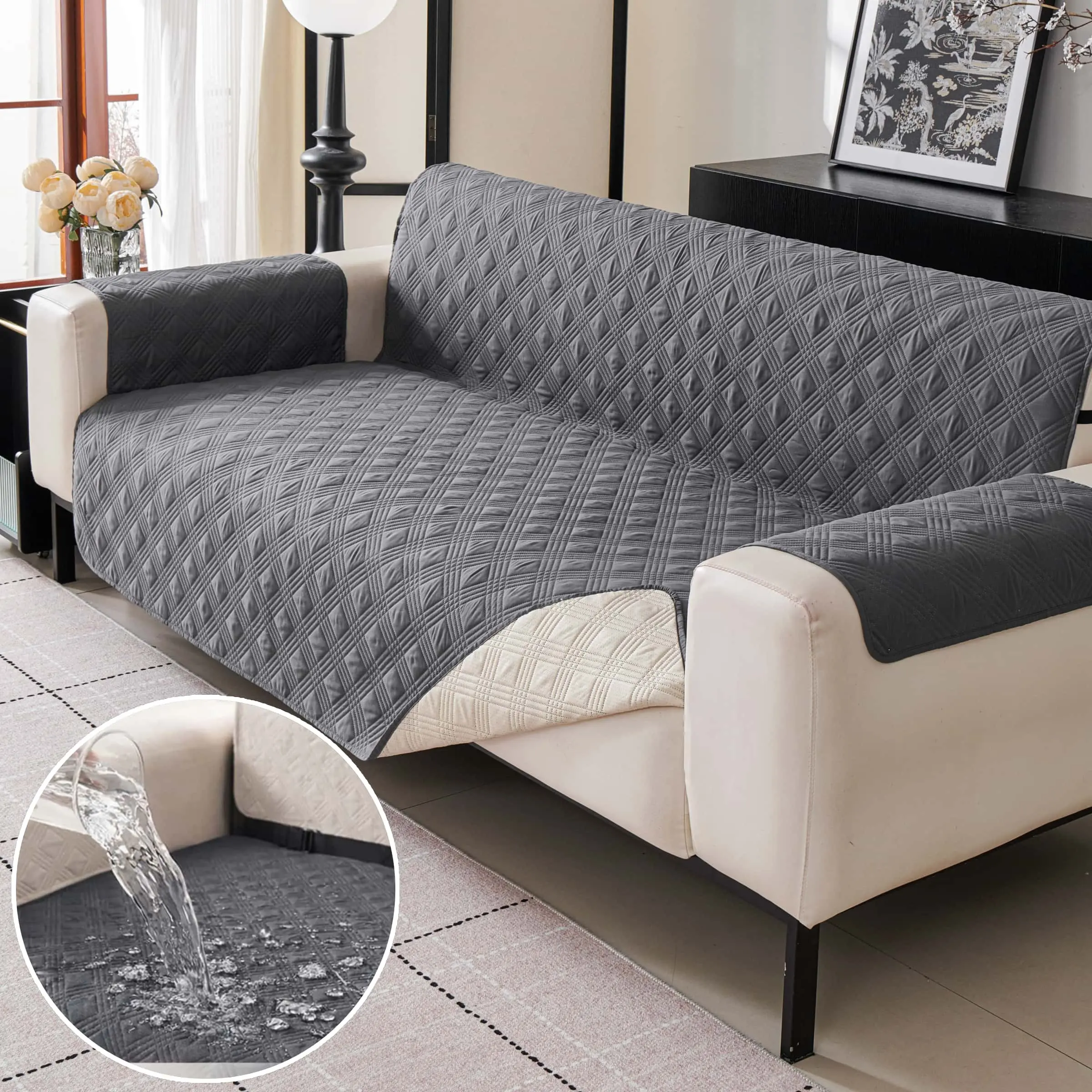 Waterproof Sofa Cover for Dogs & Cats, Washable Sofa Protector, Non Slip Quilted Couch Protector, with elastic straps, Pet-Friendly Sofa Protector for 1-4 Seater Sofa