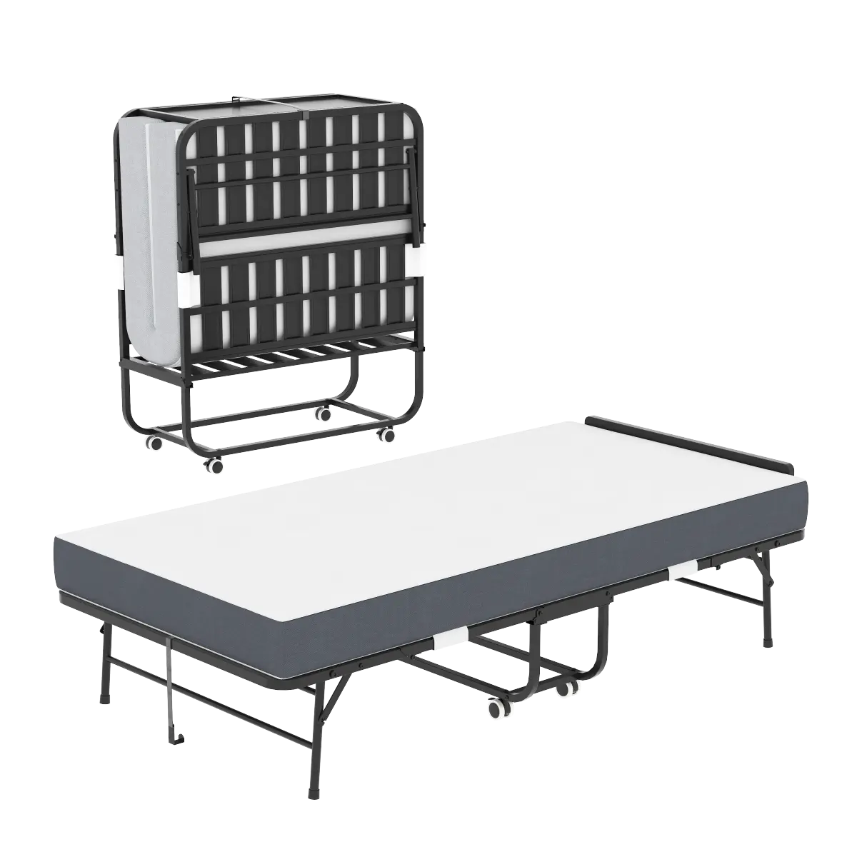 75" * 38" Folding Bed with Adjustable Headboard, 5" Memory Foam Rollaway Bed for Tall People, Heavy-Duty Portable Guest Bed on Wheels, Easy Assembly Twin Size Cot