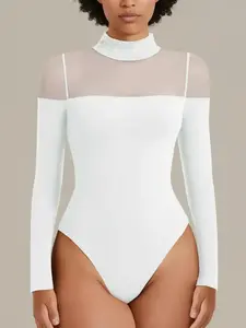 Women's Transparent Mesh Long Sleeve Bodysuit, Fashionable Comfortable Tight Fit, Elegant Plain Design, Spring & Fall Wear, Womenswear