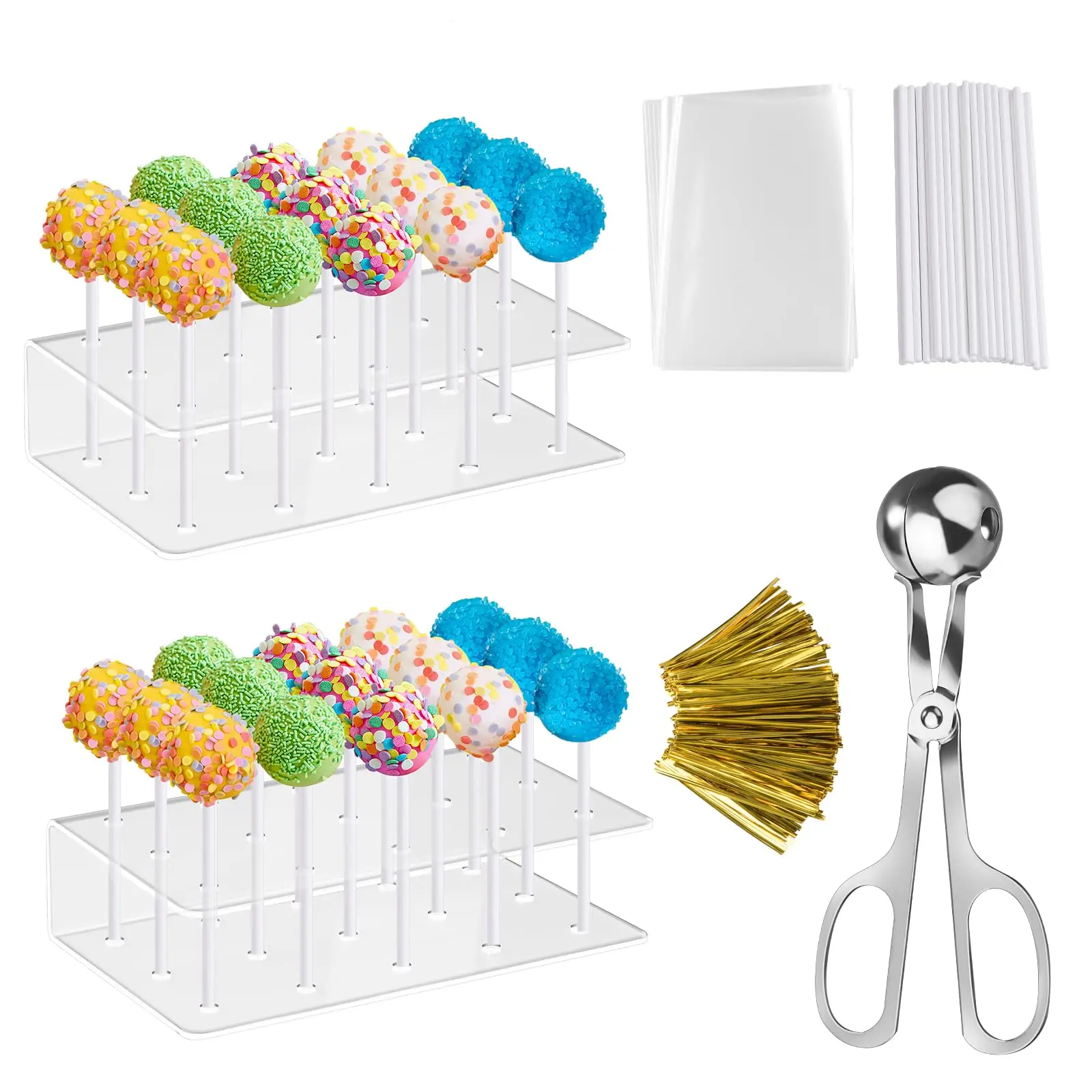 303 Pcs Cake Lollipop Making Set,Including 1 Cake Pop Mold,2 Lollipop Stand,100 Cake Pop Bags,100 Lollipop Sticks and 100 Metal Twist Ties,Christmas Party Gifts,DIY Hand Tools Kits