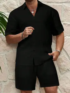 【Plus Size】 Men's Solid Color Textured Loungewear Set, Comfy Short Sleeve Button Up Shirt & Shorts, Men's Sleepwear for Summer, Menswear Outfit