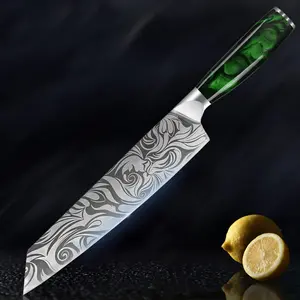 "Wasabi" Engraved 9" Japanese Kiritsuke Kitchen Knife with Green Resin Handle