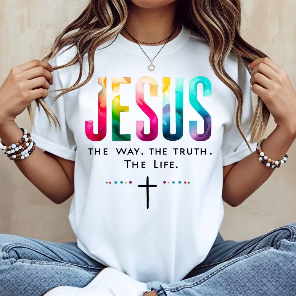 Jesus The Way The Truth The Life Cross Print T Shirt White Casual For Everyday Wear And Outdoor Activities