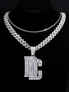 3pcs Fashion Punk Sparkling Letter Dc Pendant Necklace Set, Cuban Chain Stacking Necklaces for Men Women, Ideal Gifts, Birthday Gift Jewelry