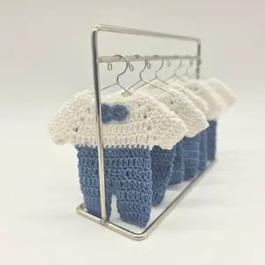 Mini Crochet Baby Shower Party Favors | Tiny Blue & White Party Gift Outfits with Bow Tie - 6 pieces with Hanger & Rack Options