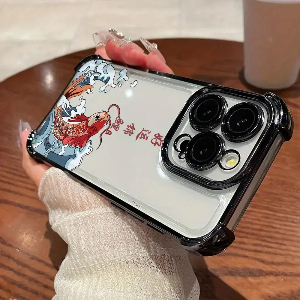 TPU Material Koi Fish Leaping Design Smartphone Case for iPhone 16,16E,15,14,13,12,11 Pro Max,X,XR,XS Max,8,7,E Plus - High-End Creative, Black Border, Shockproof Transparent Back, Full Lens Guard, Cellphone Accessory, Accessories
