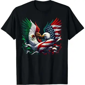 100% Cotton Unisex America Mexico Flag Vintage Mexican Roots American T-Shirt Vintage Graphic Casual Men's Women's Tee