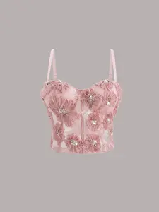 Lace Flower Rib Top, Ruffled Beaded Embossed Floral Bustier, Romantic Waist Cincher, Party Floral Blouse, Women's Ruffle Bustier, Womenswear