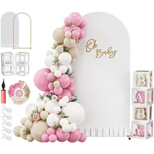 6.6FT Arch Backdrop Stand and Cover Set, Pink Balloon Arch Kit, 153 Pcs Balloons, 4 Baby Shower Box, Letter Stickers, Clips for Baby Shower, Gender Reveal, Birthday, Wedding