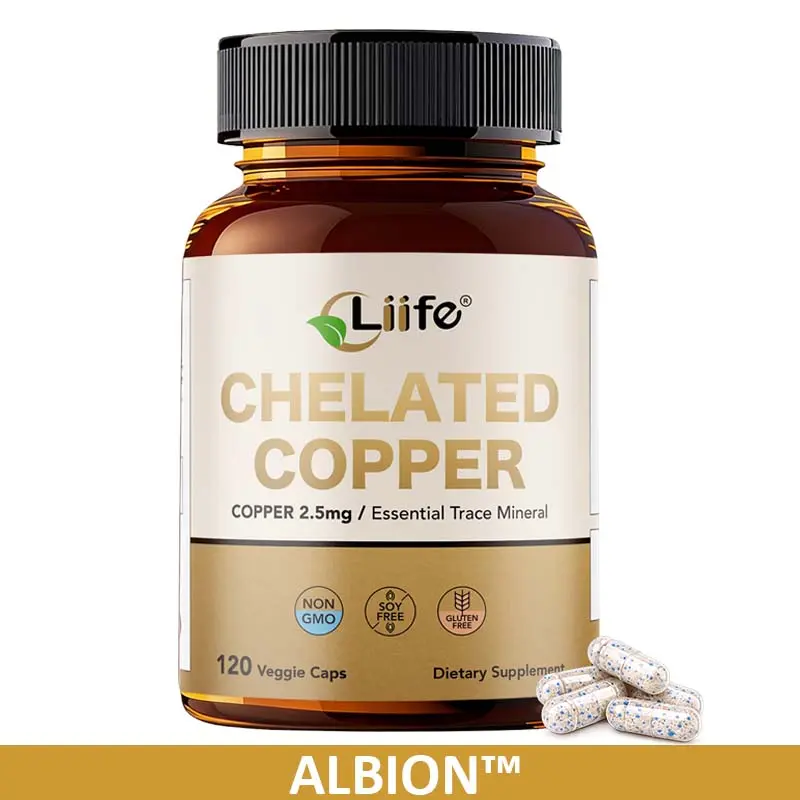 LIIFE Albion Chelated Copper Dietary Supplement Bottle - 2.5 mg Copper Bisglycinate, High Absorption, Gluten Free, Vegan, Non-GMO, GMO Free, Supports Connective Tissue Health & Energy, 120 Veggie Capsules for Adults, Brain Health Supplements