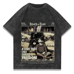 Men's Oversized Vintage Washed Distressed Cotton Short-Sleeve Round Neck Graphic T-Shirt - AOT Eren Mikasa Digital Print Lightweight Streetwear Anime Apparel Top, Shortsleeve, Graphic T Shirts