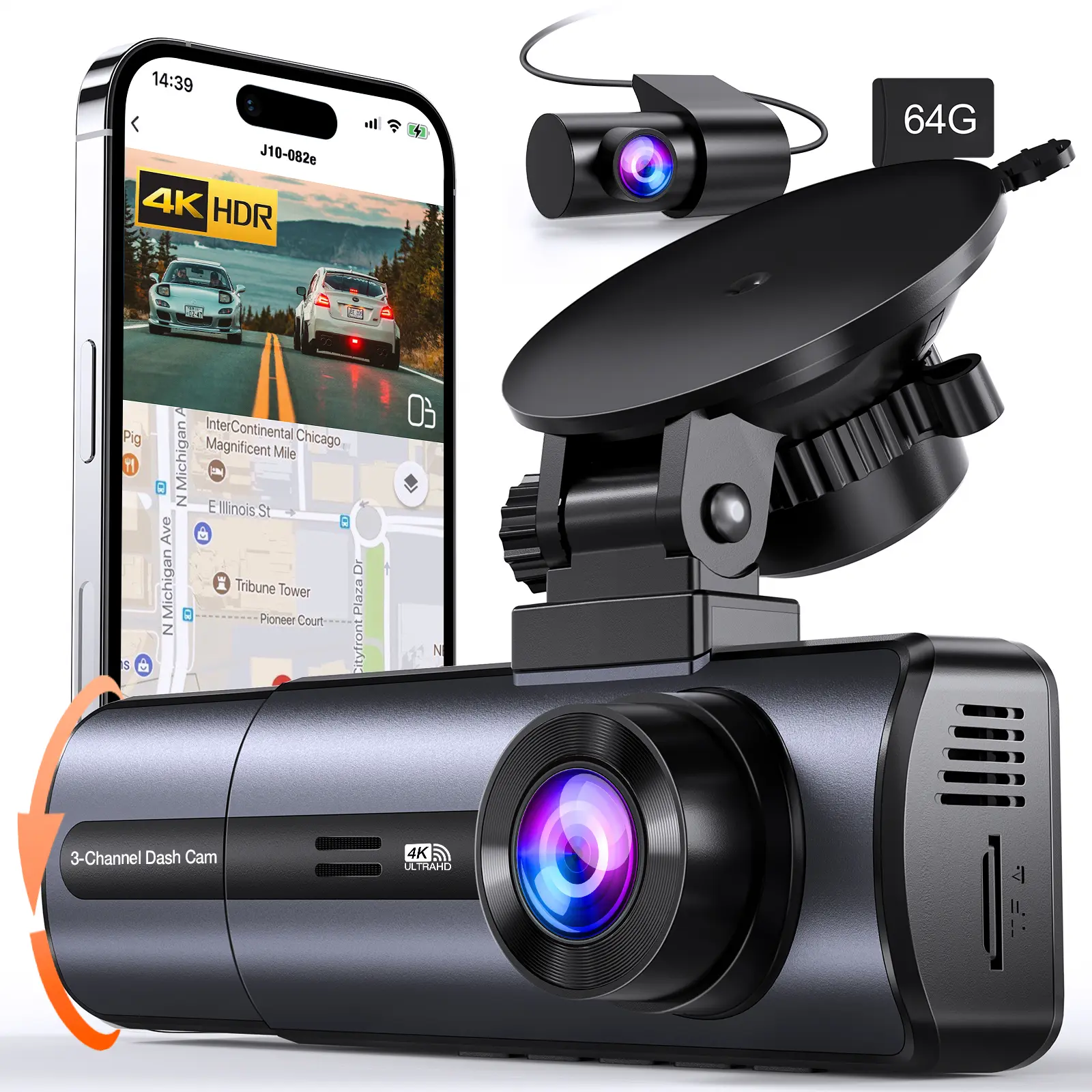 3 Channel 4K Dash Cam with 5GHz WiFi & APP Control, 4K/2.5K+1080P+1080P Front Inside and Rear, Triple Dashcam with 64GB Card, G-Sensor, 24 Hours Parking Mode, Loop Recording, Night Vision Monitor Camera, Hd Driving Recorder,Fathers Day Gift