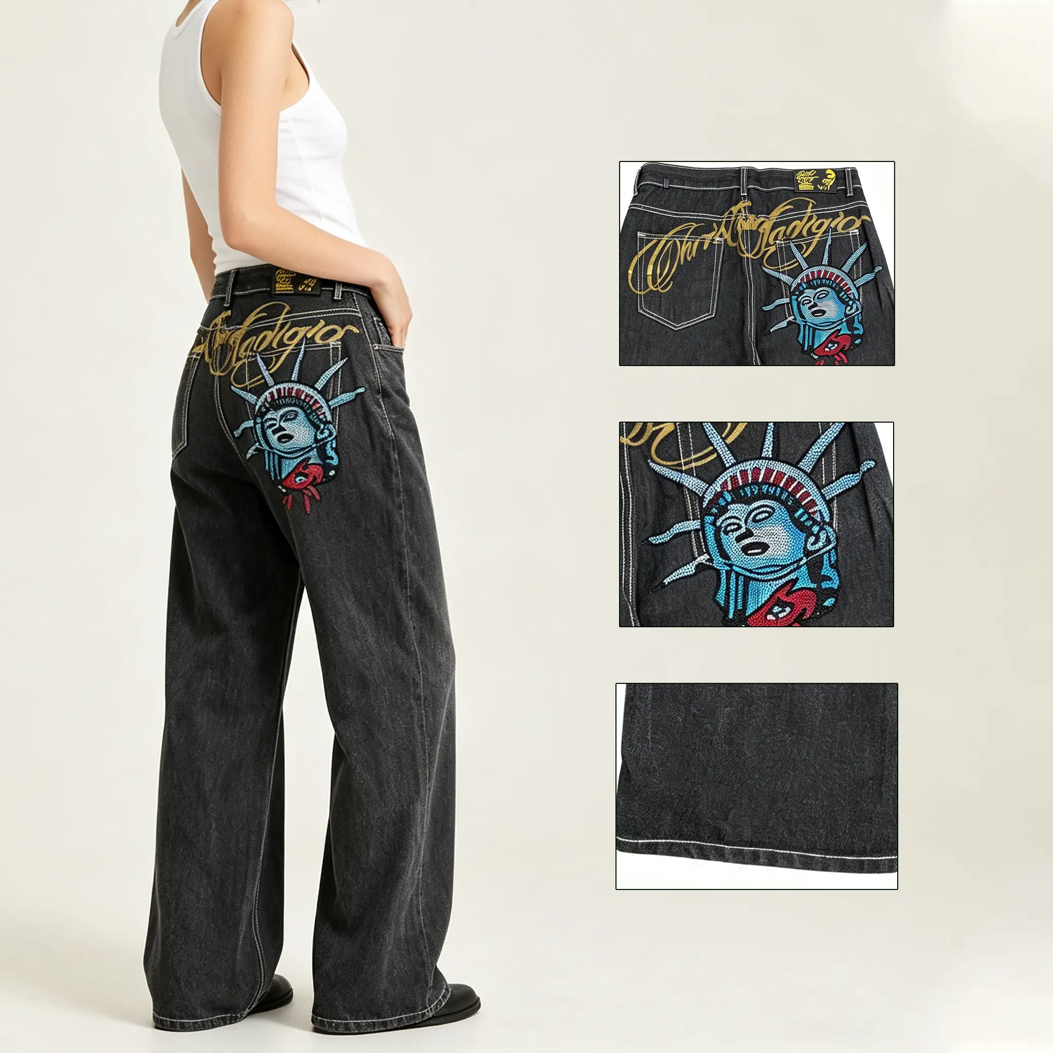 Women's Mid Waist Cotton Denim Jeans - Baggy Regular Leg Barrel Pants with Rhinestones, Gothic Vintage Hip Hop Streetwear, Graphic Print
