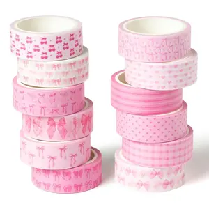 12pcs Pink Bow Washi Tape, Trendy Watercolor Pink Bow Cherry Preppy Aesthetic Decorative Tape, Cute Bowknot Heart Buffalo Plaid Artistic Tape for DIY Craft Scrapbook Wrapping Decor