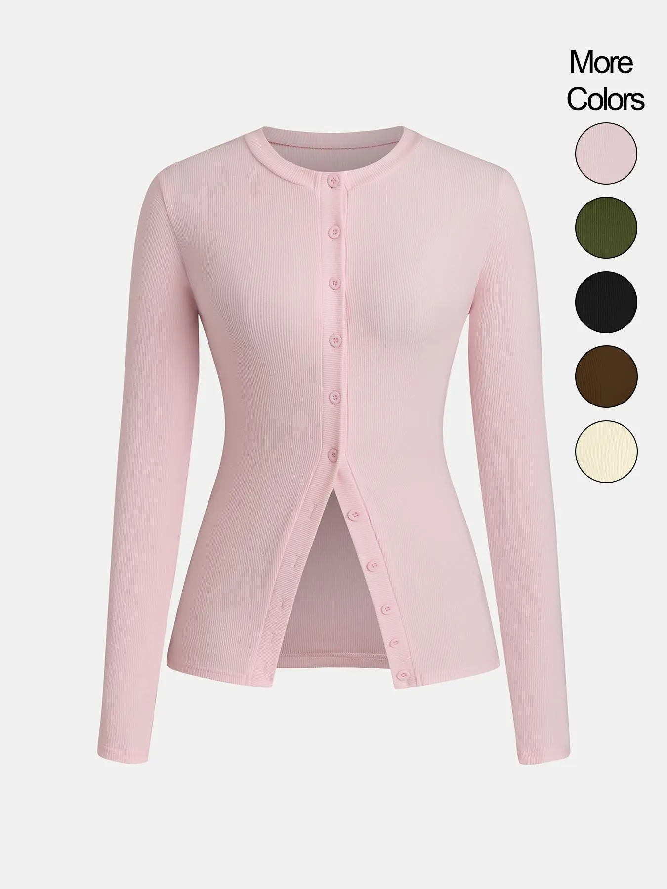 Women's Casual Round Neck Long Sleeve Button Front Fitted Knit Top, Basic Solid Color Design, Extended Length, Perfect for Everyday Wear, Womenswear