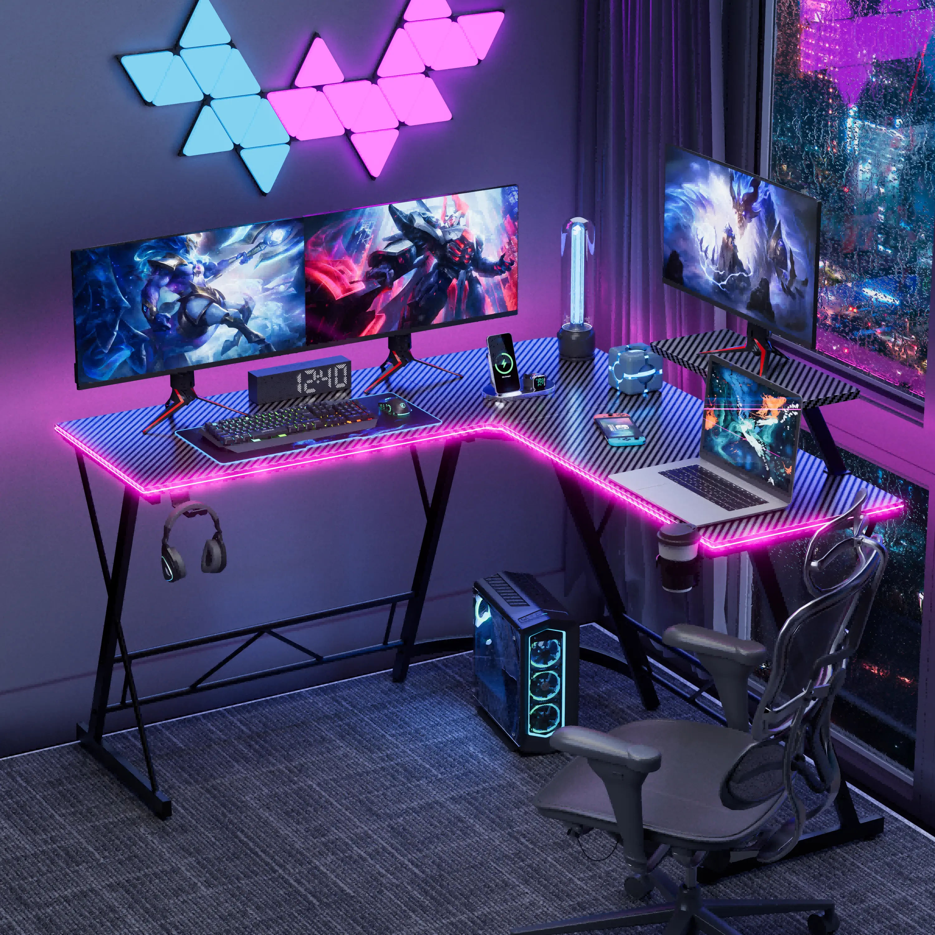 Mr IRONSTONE L Shaped Gaming Desk with Led Lights Corner Computer Desk with Carbon Fiber Surface, Home Office Desks Writing Workstation with Large Monitor Stand , Easy to Assemble 51 Inch