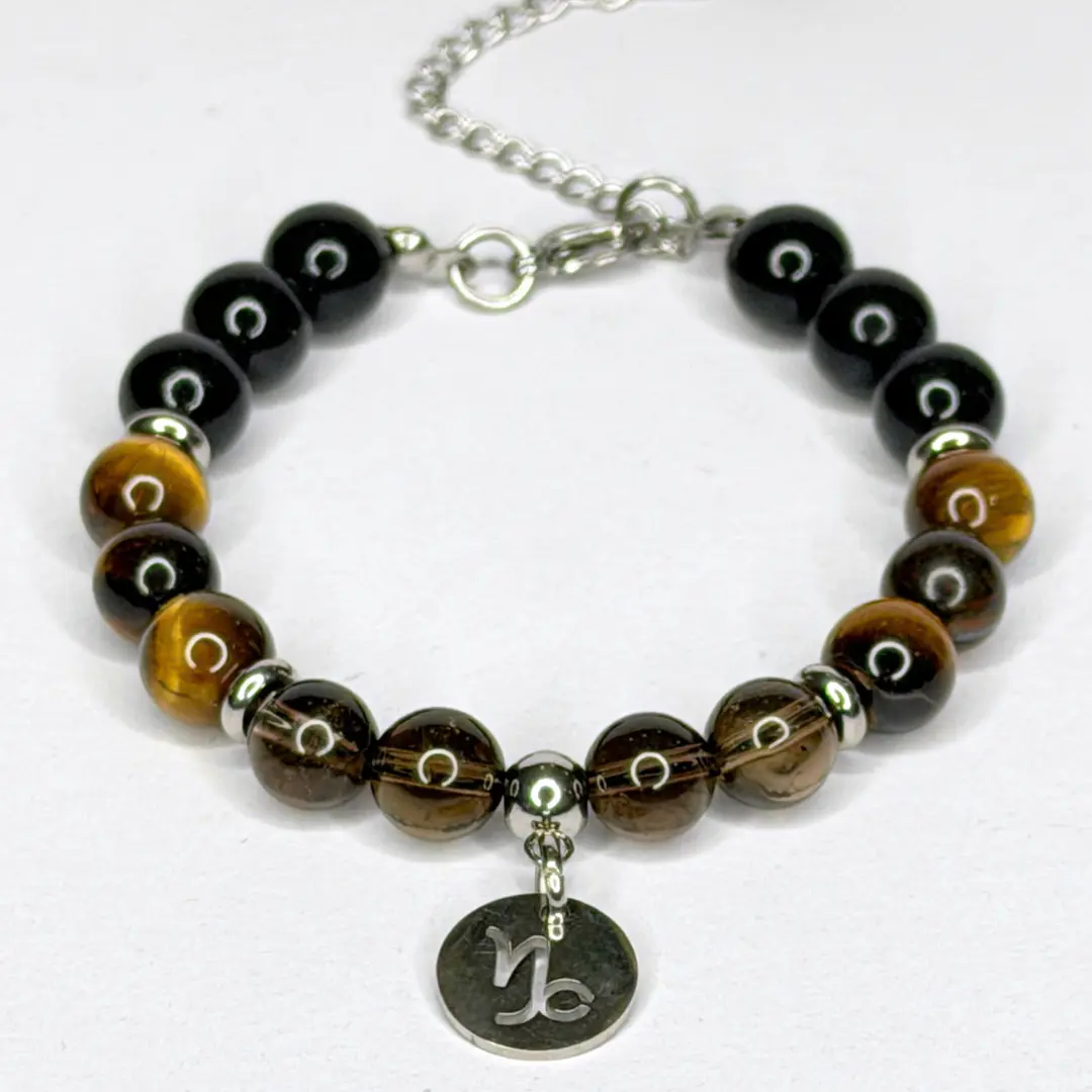 FIMENESS - CAPRICORN ENERGY BRACELET BLACK ONYX, TIGER EYE AND SMOKY QUARTZ NATURAL STONE BEAD COMBINATION HAND MADE STAINLESS STEEL NON-TARNISH CRYSTAL JEWELRY