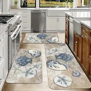 3pcs Kitchen Mat Set, Vintage Seashell and Starfish Pattern,  Suitable for Bedroom, Living Room, Dining Room, Kitchen, Bathroom