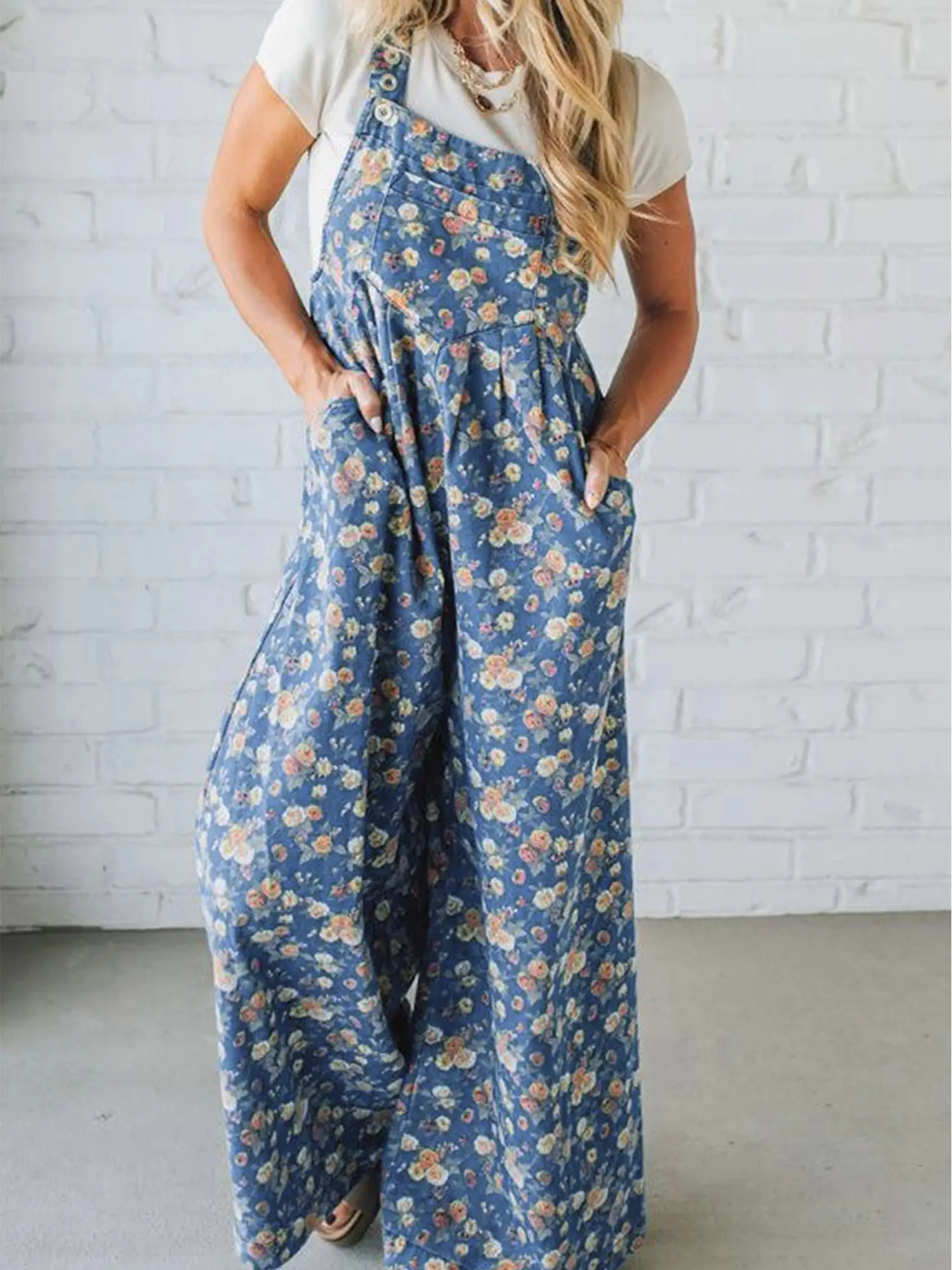 Women's Cotton Denim Overalls - Vintage Floral Print, Wide Leg, Boho Earthy Girl Clothes, Comfortable Loose Fit, Everyday Casual Jumpsuit (Overalls for Women)