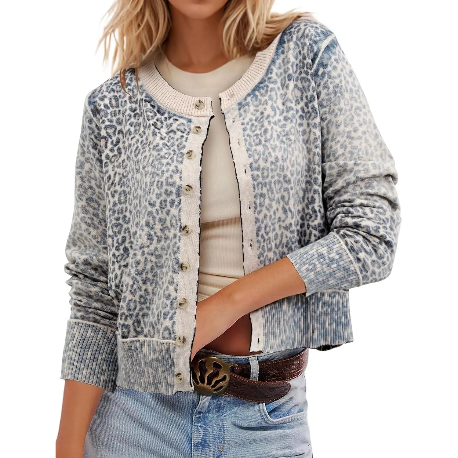 Women's Leopard-Cheetah Animal Print Open Front Button-Up Long Sleeve Cropped Knit Cardigan Shrug, Stylish Fit Sweater Compatible with Tank Tops & Shirts, Casual Business Outdoors Wear
