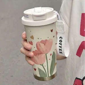 18oz Stainless Steel Insulated Coffee Mug - Elegant tulip and heart design, double-walled vacuum insulated bottle, leak-proof lid with straw, portable handle with strap, suitable for hot and cold beverages - Valentine's Day/Mother's Day gift, a must-have