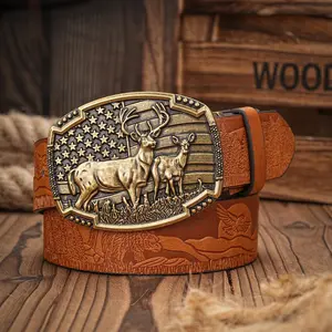 Western Cowboy PU Belt - Men's Women's Belt with Double Deer Flag Decorative Floral Engraving for Jeans Casual Dress Belt