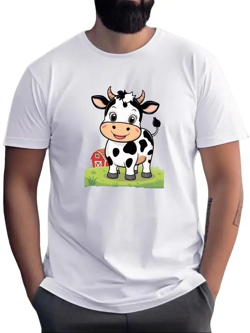 Men's 100% Cotton Classic Sports Tee - Crew Neck (Round Neck), Short Sleeve (Shortsleeve), Lightweight Breathable Fabric, Regular Fit Top with Cow Graphic for Sports, Outdoor Menswear Activities