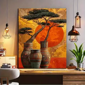 2D Flat 1pc African Pine Trees & Vases Canvas Wall Art - Vibrant Sunset Colors, Art Deco Style Wood Framed Painting for Living Room, Bedroom, Office Decor - Ideal Holiday Gift for Thanksgiving, Christmas, New Year