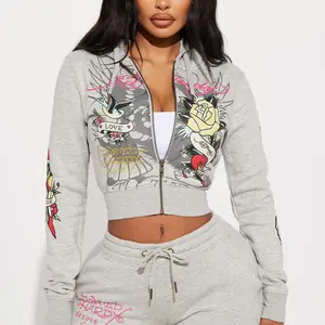 Ed Hardy Rose And Sword Zip Front Hoodie - Heather Grey
