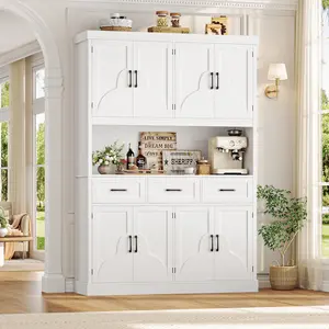 【2 packages shipping 】HOSTACK 76" Tall Kitchen Pantry Storage Cabinet, 55“ Wide Kitchen Hutch Cabinet with Storage Drawers, Large Food Pantry with Microwave Stand, Modern Cupboard with Hutch for Dining Living Room, White