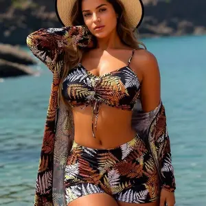 Women's 3-Piece Halter Top High-Waisted Tropical Leaf Floral Print Bikini Swimsuit Set - Adjustable Straps, Sheer Cover-Up, Quick-Dry Breathable Multi-Size Fabric - Ideal for Summer Vacation, Pool Parties