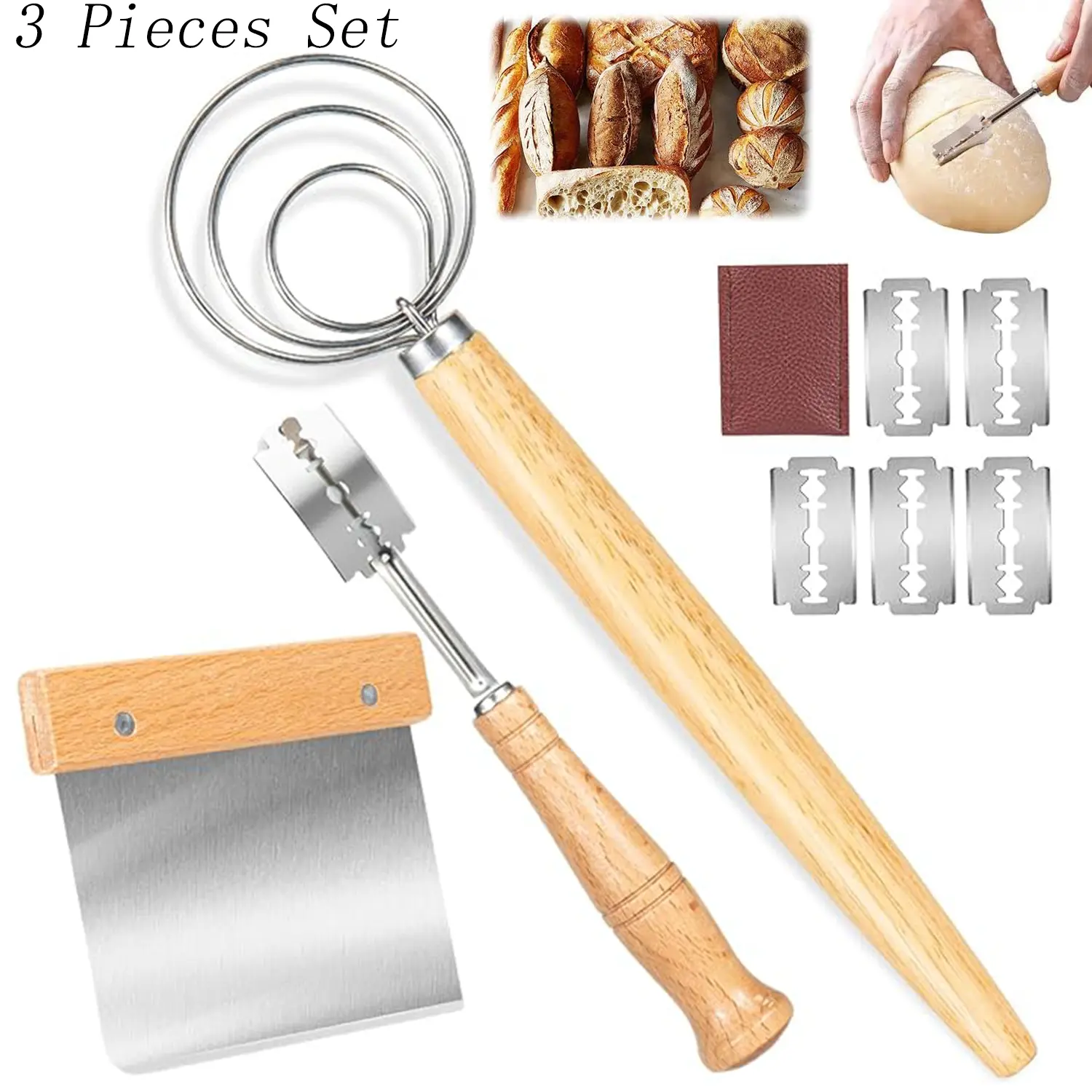 3-Piece Sturdy Lightweight Stainless Steel Dough Whisk Set with Anti-Slip Grips, 5 Replacement Blades, Leather Protective Cover, Scraper, Scorer - Kitchen Bakeware Utensils for Pastry Baking