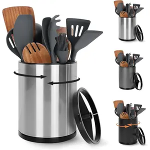 Extra Large Kitchen Utensil Holder 360° Rotating Stainless Steel Cooking Utensil Holder for Countertop 3 Compartment Flatware Organizer & Cooking Caddy with Removable Base Silvery