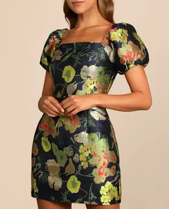 Lulus So Stunning Black Multi Floral Jacquard Puff Sleeve Mini Dress