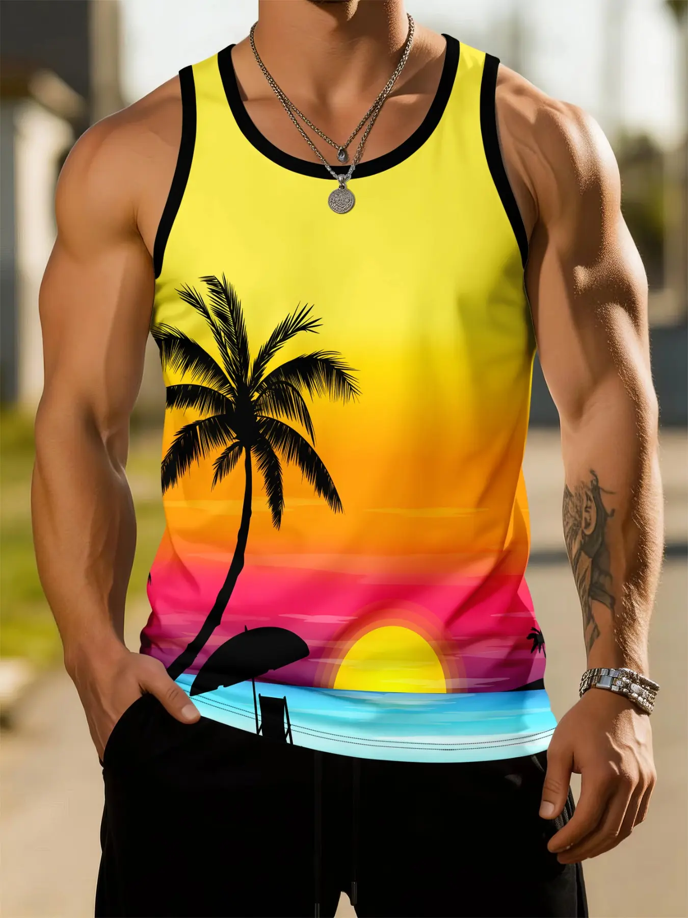 Hawaiian Tropical Style Men's Sleeveless Vest, Vintage Sunset Palm Print, Casual Slim-Fit, Breathable Training Top, Summer Beachwear, Beach Tank, Muscle Tank Tops