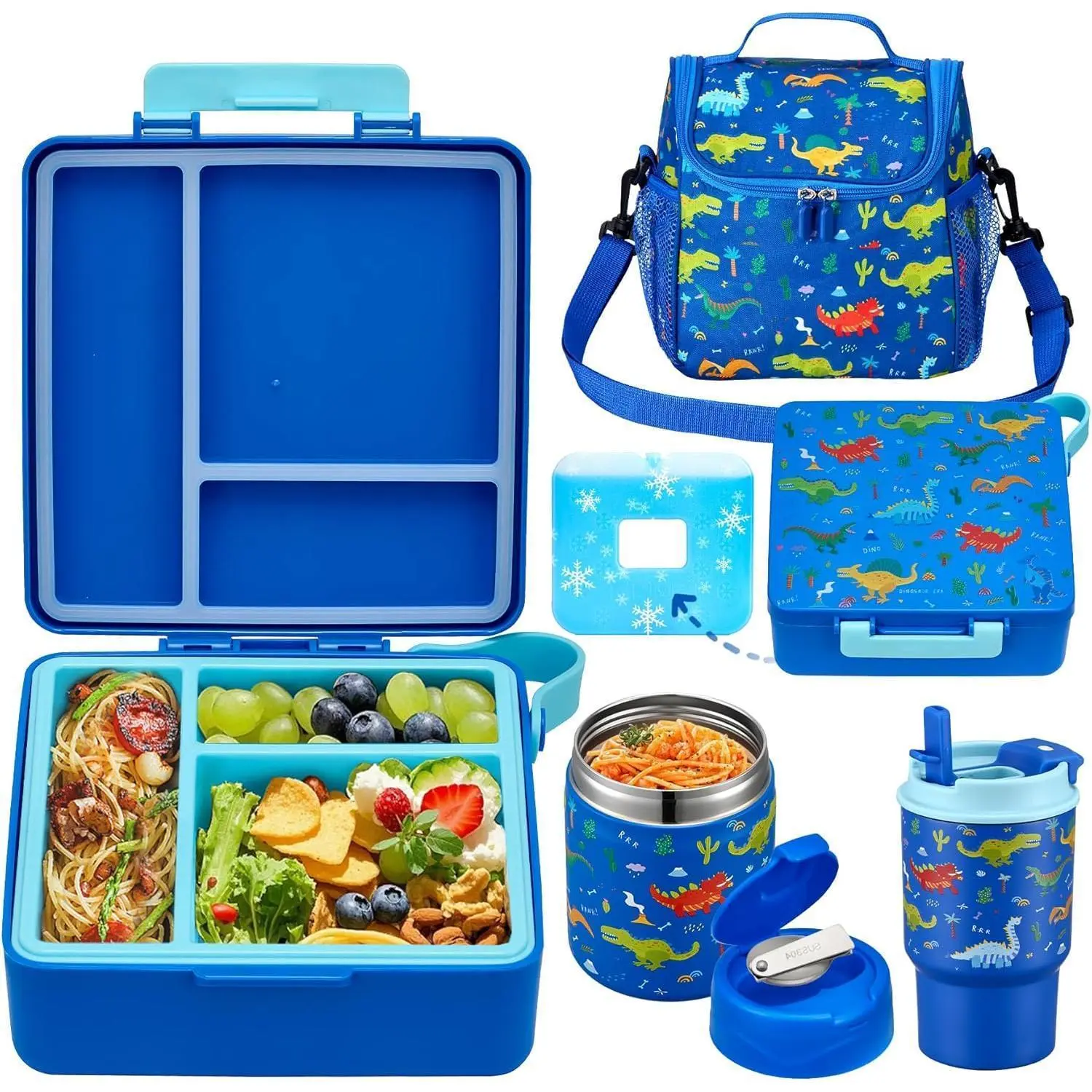 Bento Lunch Box for  with 17oz Soup Thermo,Insulated Tumbler Water Bottle and Insulated Lunch Bag,Leak-Proof 3 Compartment Lunch  Container with with Ice Pack for  to School-Dinosaur