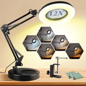 12X Magnifying Glass with Light and Stand, 144 LEDs Brightest Desktop Magnifying Lamp, 10 Dimmable Brightness 5 Color Modes, Hands Free Metal Desk Lamp for Craft Reading Painting (Black)