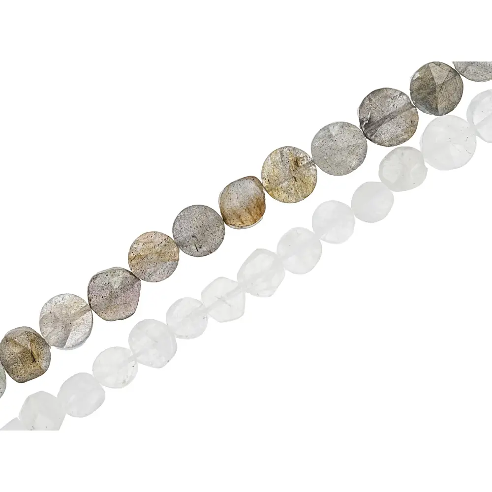 JTV Labradorite & Rainbow Moonstone 5-8mm Faceted Coin Bead Strand Approximately 15" in Length Set of 2