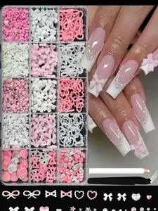 15 Grid 3D Nail Art Charms Set, Shiny Resin Bows Hearts Flatback Pearls & Flowers, Flower Design Nails, DIY Nail Decoration Kit for Women & Girls